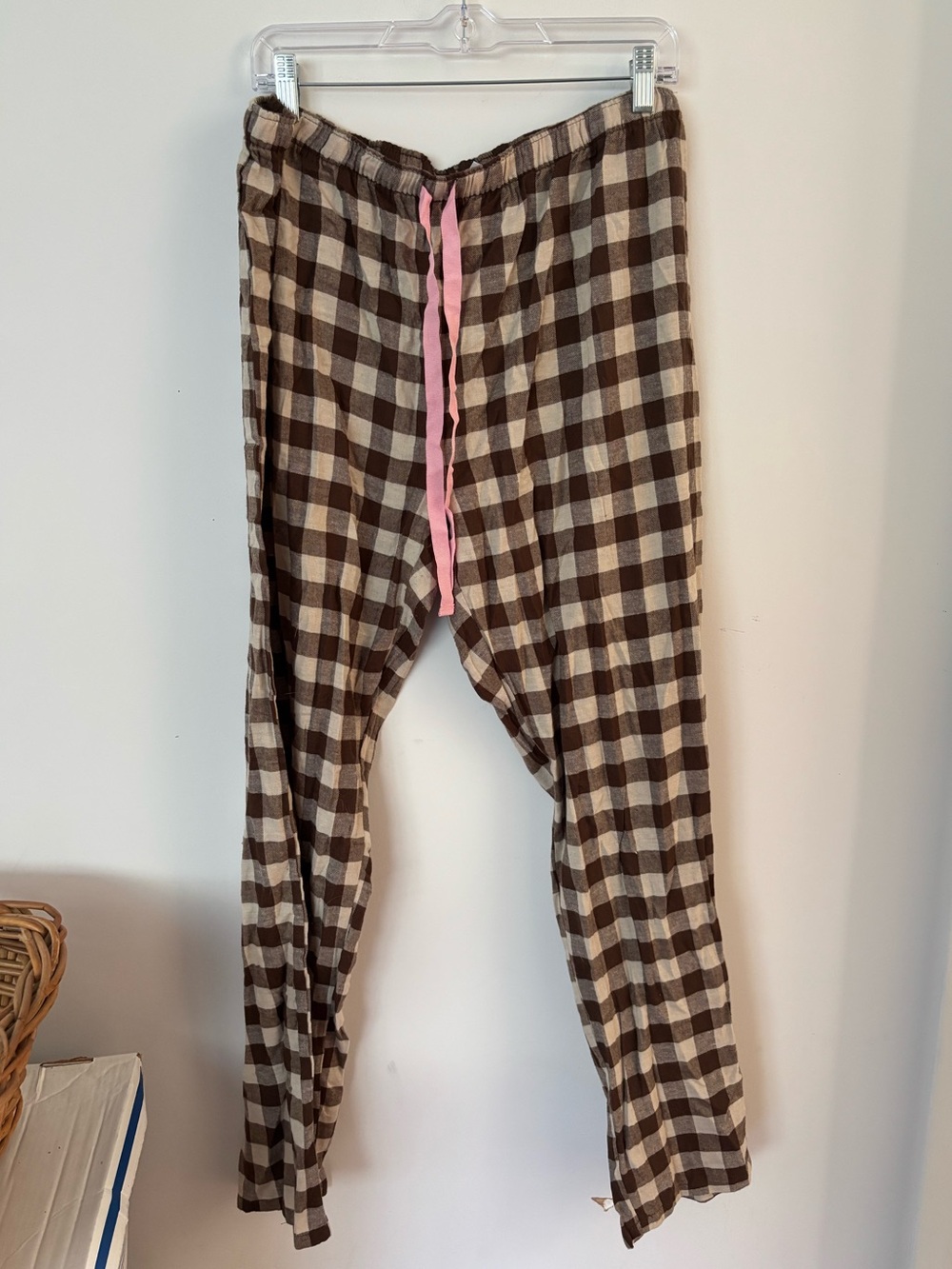 brown & cream gingham checkered pink bow tie adjustable comfy pajama pants🧸